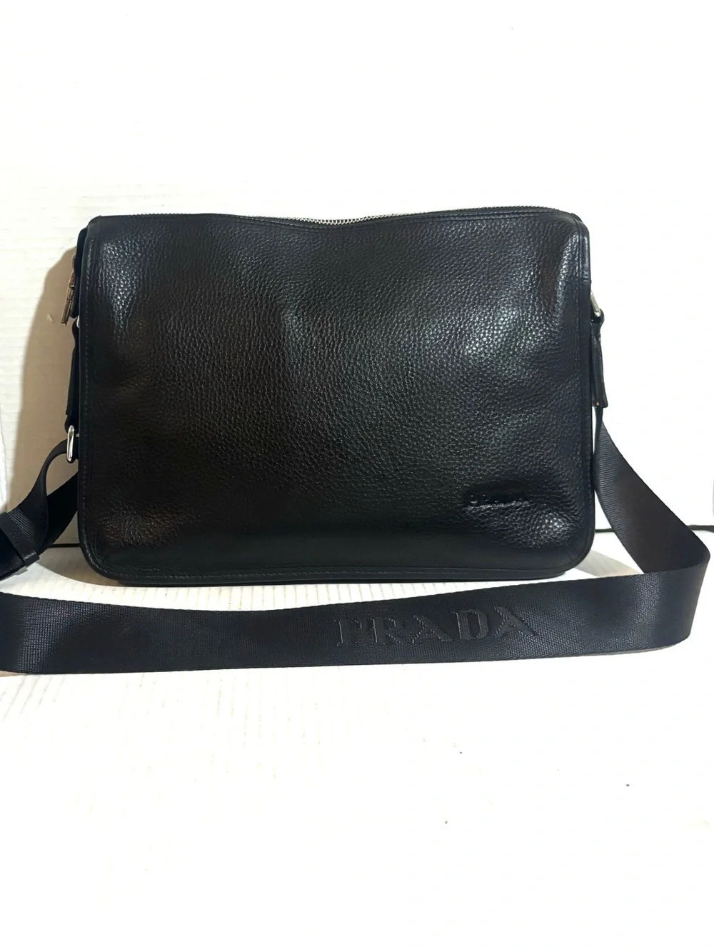 Prada unisex Black pebbled Leather Crossbody Bag with Adjustable Strap